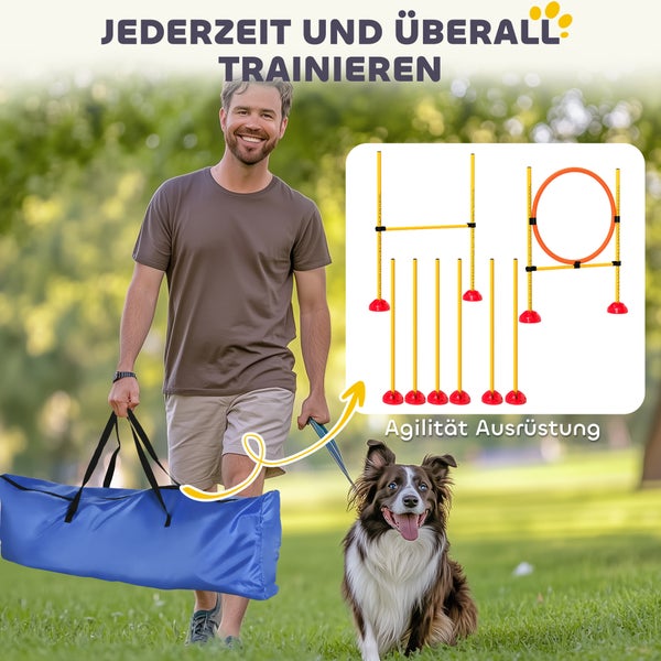 PawHut Agility Set Hunde 3-teiliges befüllbar Agility-Ausrüstung für Hundetraining Steckhürdenset mit Slalomstangen höhenverstellbar Hürden Sprungring Koordinationstraining für Spiele Training