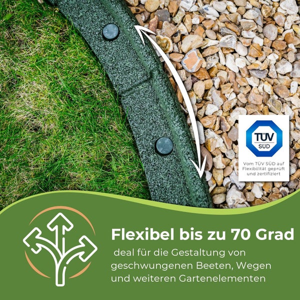 FlexiBorder (Grün, 6 Meter) - flexible Rasenkante, Komplettset, biegbar bis 70°, recycelte Rohstoffe, speziell geeignet für kinderfreundliche Gärten, wetterfest, rasenmäherfreundlich, einfache Installation