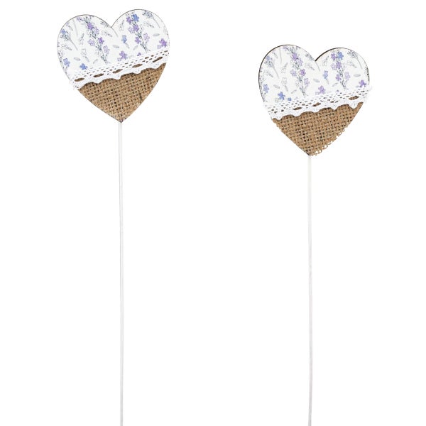 Zwei Herzstecker mit Blumenmuster und Jute-Verzierung
