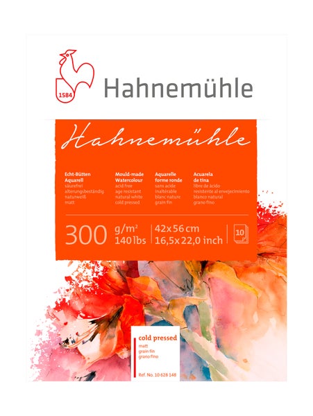 Hahnemühle Echt-Bütten Aquarellpapier, 300 Gramm pro Quadratmeter, matt, 42 x 56 Zentimeter, 10 Blatt, säurefrei, naturweiß.