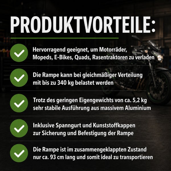 Infografik zur klappbaren Auffahrrampe aus Aluminium: geeignet für Motorräder, Tragkraft bis 340 Kilogramm, Eigengewicht circa 5,2 Kilogramm.