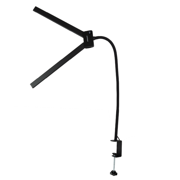 Schwarze LED-Klemmleuchte mit flexiblem Arm, zwei verstellbaren Lichtbalken, Tischklemme und Luxula Logo.