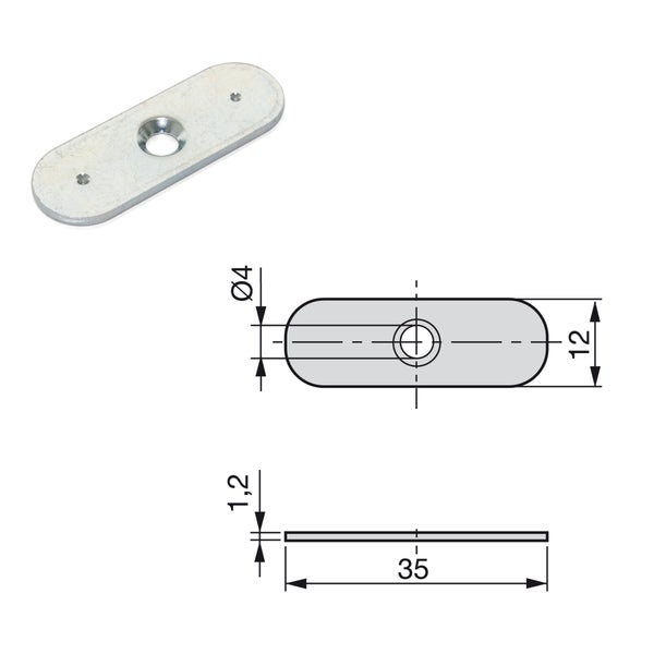 Verbindungsplättchen aus Metall mit Loch für Schraubbefestigung, 35 mal 12 mal 1,2 Millimeter mit technischer Zeichnung