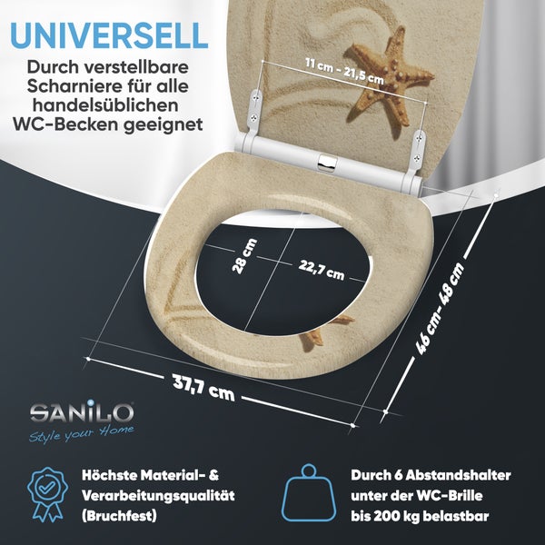 Toilettensitz mit Sand- und Seestern-Dekor, 37,7 mal 46 bis 48 Zentimeter, verstellbare Scharniere, belastbar bis 200 Kilogramm, SANILO Logo.
