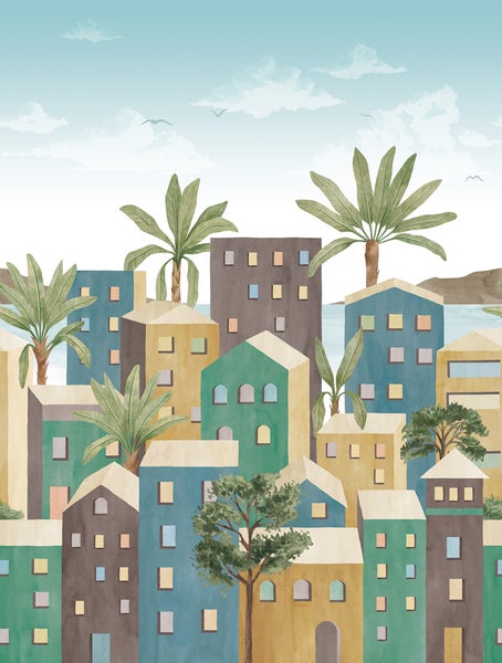 Illustration einer Küstenstadt mit Gebäuden und Palmen