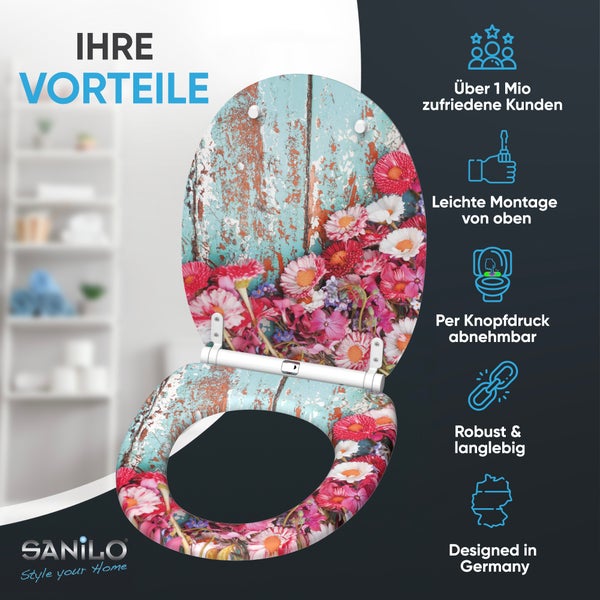 Sanilo Toilettendeckel mit Blumenmotiv auf Holzoptik Hintergrund inklusive Montagevorteilen und Produktmerkmalen