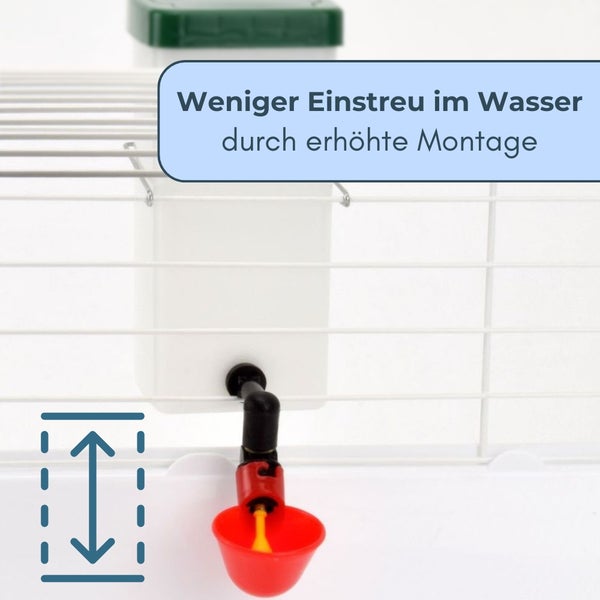 Automatische Tränke für Kleintiere an Gitterwand montiert, Symbol für erhöhte Montage zur Vermeidung von Einstreu im Wasser.