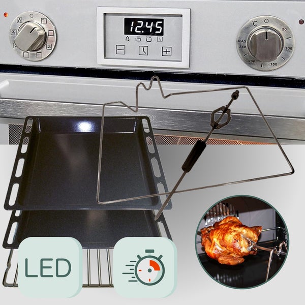 Backofen Zubehör Set bestehend aus Backblechen, einem Grillrost, einem Bratspieß mit Halterung und Symbolen für LED und Zeitschaltuhr.