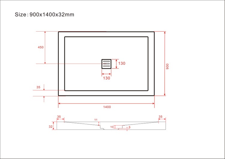 Technische Zeichnung einer Duschwanne mit den Maßen 900x1400x32 Millimeter