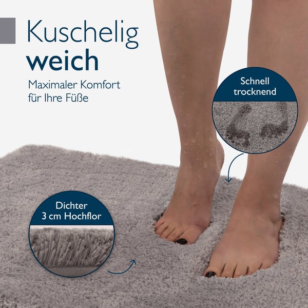 Grauer Badteppich mit hohem Flor und schnell trocknenden Eigenschaften