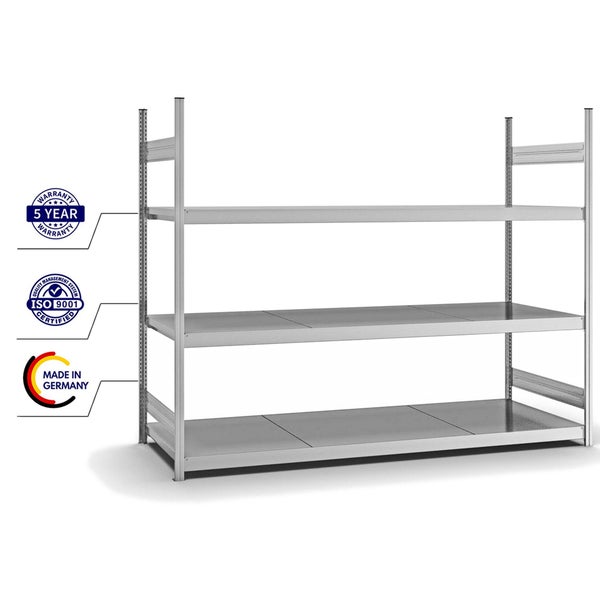 PROREGAL Weitspannregal Stecksystem T-Profil Grundregal HxBxT 200x250x80 cm 3 Ebenen Stahlplatten Fachboden Fachlast 350 kg Verzinkt