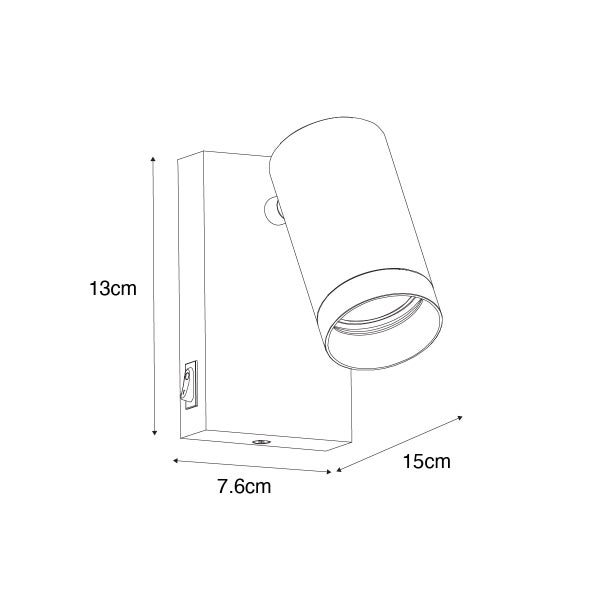 Technische Zeichnung einer Wandleuchte mit den Maßen 13 cm Höhe, 7,6 cm Breite und 15 cm Tiefe.