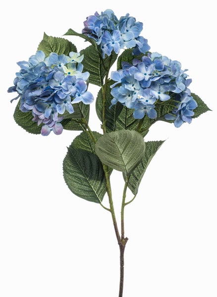 Nahaufnahme einer künstlichen Hortensie mit blauen Blüten und grünen Blättern.