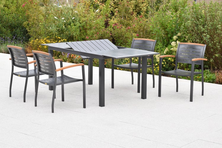 Tinos Gartenmöbel Set 5tlg., 4 Stapelsessel, Ausziehtisch 150 (200) x 90 cm