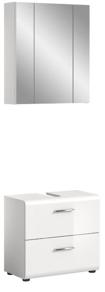 Weißes Badezimmermöbel Set bestehend aus einem dreitürigen Spiegelschrank und einem Waschtischunterschrank mit zwei Schubladen.