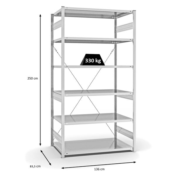 PROREGAL Fachbodenregal Stecksystem T-Profil Heavy-Duty Grundregal HxBxT 250 x 130 x 80 cm 6 Ebenen Fachlast 330 kg Einseitig Nutzbar Lichtgrau