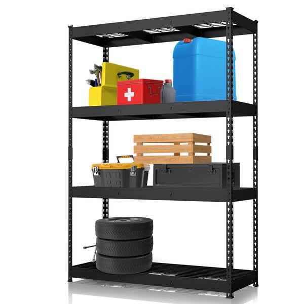Schwarzes Regal mit fünf Ablagen, bestückt mit verschiedenen Gegenständen wie Werkzeugkästen, Kanistern und Reifen.
