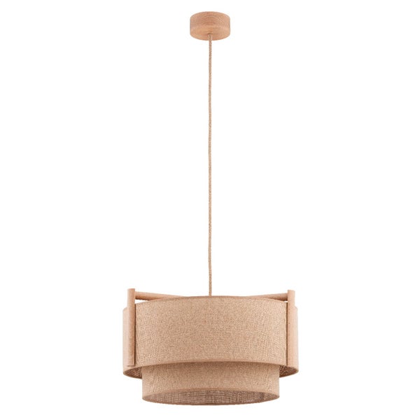 Moderne Hängeleuchte mit zweistufigem Textilschirm aus Jute und Halterung aus hellem Holz für ein wohnliches Ambiente.