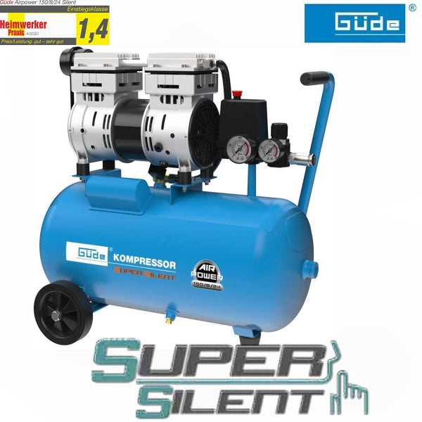 Güde Airpower 150/8/24 Silent Kompressor mit Fahrwerk, Manometer und Druckschalter inklusive Heimwerker Praxis Auszeichnung.
