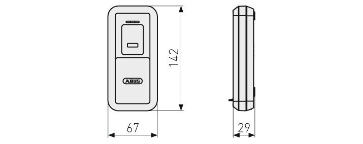 Technische Zeichnung ABUS Steuereinheit mit Maßen: Höhe 142 Millimeter, Breite 67 Millimeter, Tiefe 29 Millimeter.
