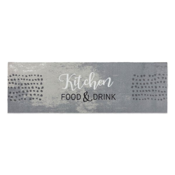 Küchenläufer mit Aufdruck Kitchen Food and Drink und dekorativem Punktmuster.