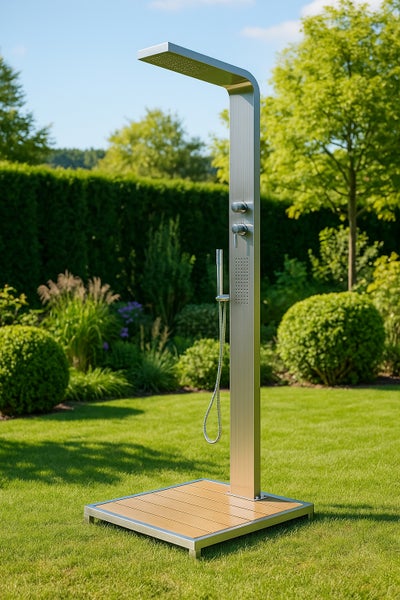 Moderne Außendusche aus Edelstahl mit Regenduschkopf, Handbrause und Bodenplatte in Holzoptik auf einem grünen Rasen im Garten.