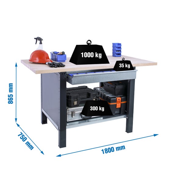 Werkbank BUFFALO WOOD mit 1x Schublade | HxBxT 86,5x180x75cm | Traglast 1000kg | Anthrazit