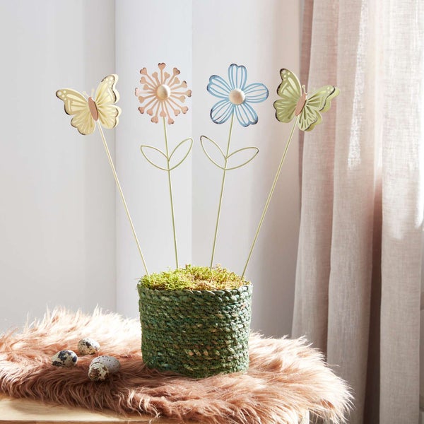 FRANK FLECHTWAREN | Stecker Blume & Schmetterling, 4er Set, METALL, H: 40 cm
