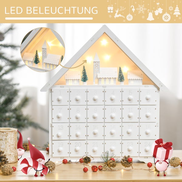 Weißer LED-Adventskalender aus Holz in Hausform mit 24 nummerierten Schubladen und einer beleuchteten Winterszene im Dach.