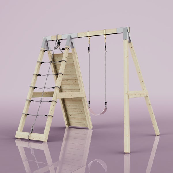 Klettergerüst aus Holz mit Schaukel, Kletterwand und Seilnetz für Kinder.