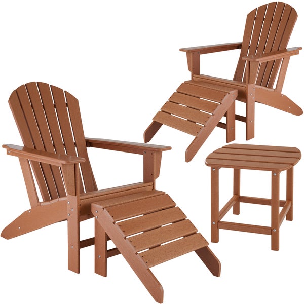 2 Gartenstühle Joan mit 2 Fußablagen Lyn und Tisch Dylan tectake  Tisch mit Lamellenmuster im Adirondack-Stil braun/braun