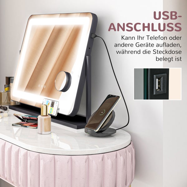 HOMCOM Schminkspiegel mit Beleuchtung, LED Kosmetikspiegel mit 3 Lichtfarben, Tischspiegel mit 10X Vergrößerung, Handy-Halter, USB-Ladeanschluss, 360° Drehbar, Schwarz