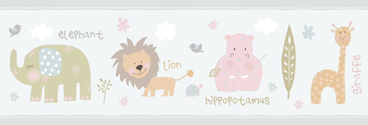 Dekorative Bordüre mit Elefant, Löwe, Nilpferd und Giraffe für Kinderzimmer