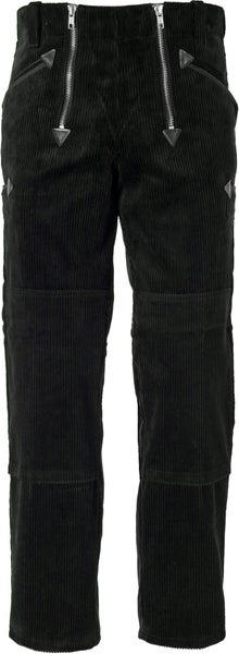 Schwarze Zunfthose aus Trenkercord mit doppeltem Reißverschluss und Knieverstärkungen.