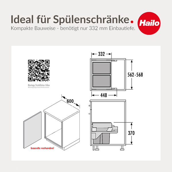 Hailo Logo und technische Zeichnung für Einbau-Abfallsammler in Spülenschränken: Tiefe 332 Millimeter, Breite 448 Millimeter, Höhe 370 Millimeter.