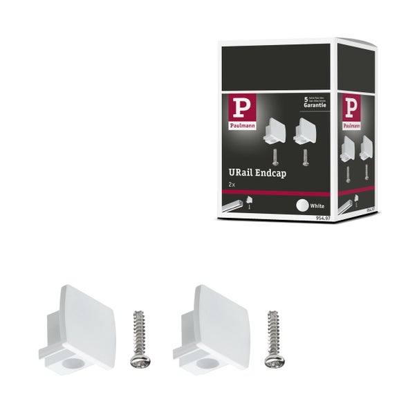 Paulmann URail Endkappen Set mit zwei weißen Endkappen und zwei Schrauben sowie Verpackung mit Paulmann Logo und fünf Jahren Garantie.
