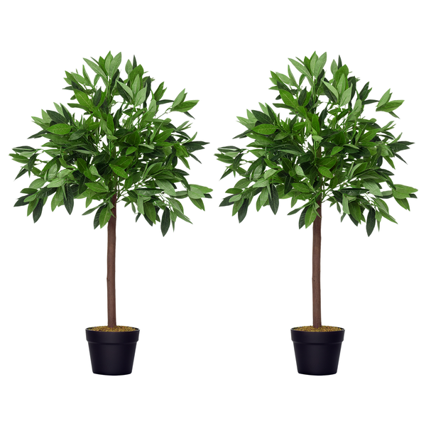 Outsunny 2er-Set Künstlicher Lorbeerbaum, 90 cm Kunstpflanzen im Zementtopf, Zimmerpflanze, künstliche Pflanzen für Indoor, Outdoor, Dekopflanzen, Grün