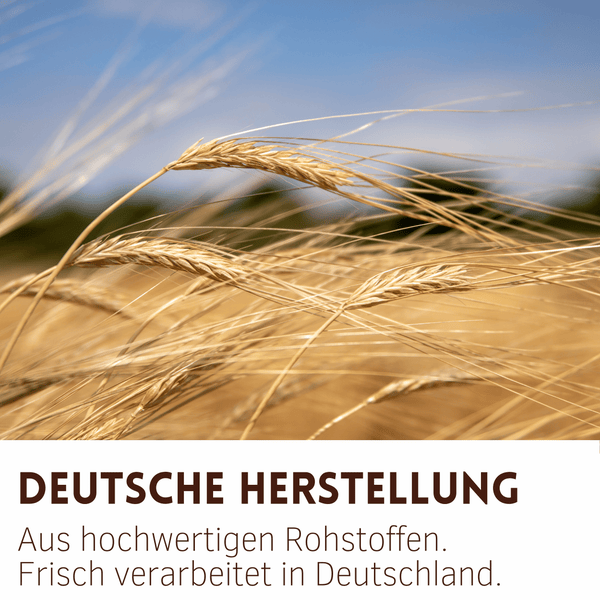 Getreidefeld mit dem Text Deutsche Herstellung, aus hochwertigen Rohstoffen, frisch verarbeitet in Deutschland.