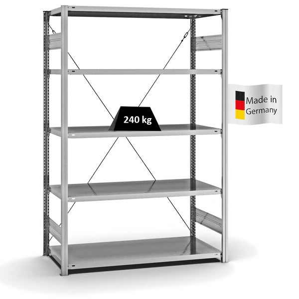 PROREGAL Fachbodenregal Stecksystem T-Profil Medium-Duty Grundregal HxBxT 200 x 130 x 60 cm 5 Ebenen Fachlast 240 kg Einseitig Nutzbar Verzinkt