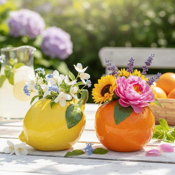 Keramikvasen in Form einer Zitrone und Orange auf einem Gartentisch, dekoriert mit Pfingstrosen, Sonnenblumen und Lavendel.