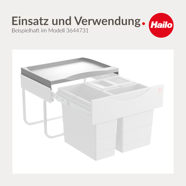 Hailo Logo. Ausziehbares Abfalltrennsystem für die Küche mit Metallrahmen und mehreren Kunststoffbehältern.