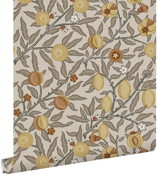 ESTAhome Tapete exotischen Früchten und Blättern Graugrün, Terrakotta und Ockergelb - 50 x 900 cm - 131171