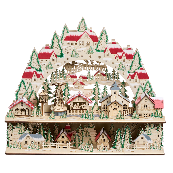 Weihnachtsschwibbogen aus Holz mit winterlicher Dorflandschaft und detaillierten Hausmotiven zur weihnachtlichen Dekoration.