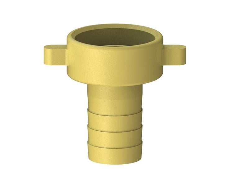 Schlauchtülle aus Messing mit Innengewinde und Flügelüberwurfmutter.