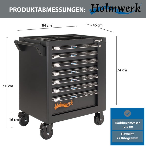 Holmwerk Werkstattwagen mit sieben Schubladen und Maßangaben, 84 mal 46 mal 90 Zentimeter, Raddurchmesser 12,5 Zentimeter, Gewicht 77 Kilogramm.