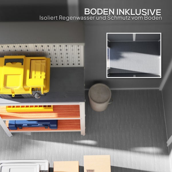 Gartenhaus Innenraum mit inklusivem Boden, Lagerregal und Werkzeugkoffer. Der Boden schützt vor Regenwasser und Schmutz.