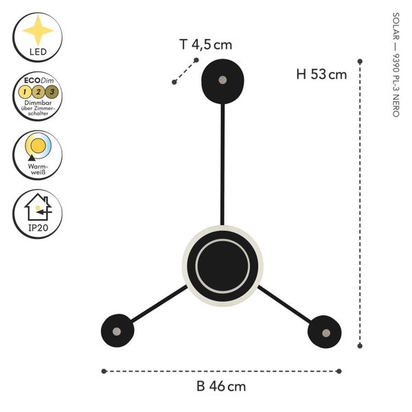 Deckenleuchte Solar: Höhe 53 Zentimeter, Breite 46 Zentimeter, Tiefe 4,5 Zentimeter. LED, warmweiß, Schutzart IP20, dimmbar über Wandschalter.