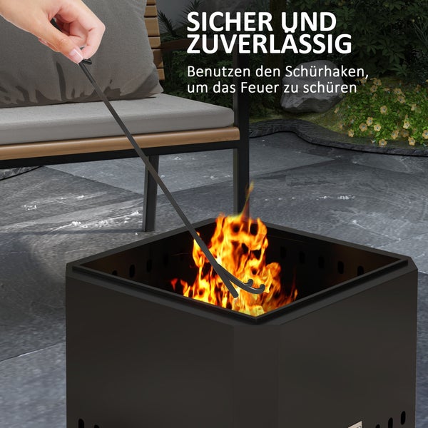 Outsunny Feuerschale, quadratischer Feuerstelle, rauchfreier Feuerkorb mit Schürhaken, Tischfeuer für Garten, Camping, Terrasse, Metall, Schwarz