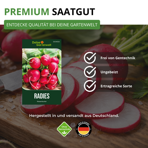 Deine Gartenwelt Radieschen-Samen Riesenbutter, gentechnikfrei, ungebeizt, ertragreich, hergestellt in Deutschland.
