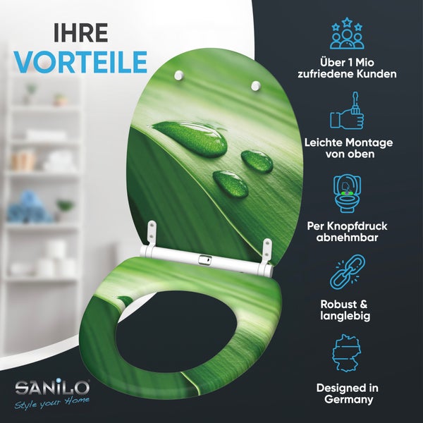 Sanilo WC-Sitz mit Blatt-Motiv. Vorteile: Über 1 Million Kunden, einfache Montage von oben, abnehmbar, robust, langlebig, Designed in Germany. Sanilo Logo.